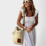 Dalibora ™ ｜Kárované maxikleid s volánovými rukávmi