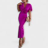 Sable ™ ｜Pevný saténový maxi šaty s V-výstrihom a krížovým uzlom