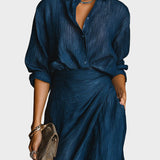 Anita™| Elegantný komplet košele a dlhej sukne zo zmesi bavlny a ľanu v tmavomodrej farbe