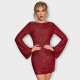 Michaela ™ ｜Šaty bez chrbta s flitrami a dlhými rukávmi