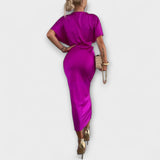 Sable ™ ｜Pevný saténový maxi šaty s V-výstrihom a krížovým uzlom