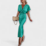 Sable ™ ｜Pevný saténový maxi šaty s V-výstrihom a krížovým uzlom