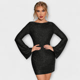 Michaela ™ ｜Šaty bez chrbta s flitrami a dlhými rukávmi